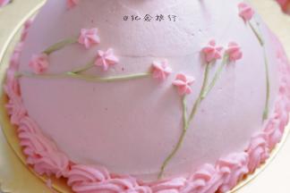 用五齿花嘴画上裙边及花朵；刚才绿色的奶油用小的勾线花嘴做枝干部分即可