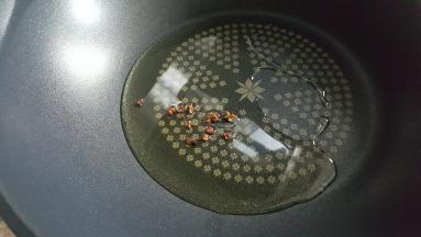 锅中加入少许植物油和几粒花椒粒爆香后，将花椒粒盛出丢弃