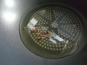 锅中加入少许植物油和几粒花椒粒爆香后，将花椒粒盛出丢弃