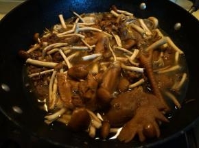 因为是下蛋的母鸡，炖的时间比较长，待鸡蛋炖到能咬动，将茶树菇倒入锅中，根据口味撒盐，盖盖，继续小火慢炖；直到鸡肉完全成熟到自己喜欢的程度