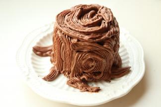 用裱花嘴在杯子蛋糕周围挤出树干的样子，顶部也挤出年轮的样子，底部再留几根树根，随意挤就行。