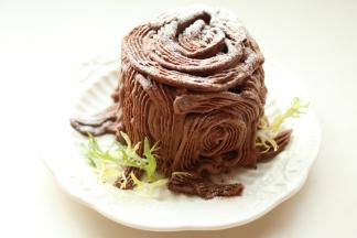 表面筛上糖粉，用绿植装饰一下，树桩蛋糕就做好了。