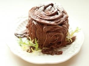 表面筛上糖粉，用绿植装饰一下，树桩蛋糕就做好了。