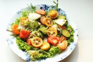 拌好的沙拉先铺在盘子里。