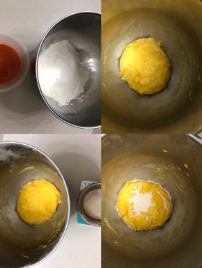 1 把二根胡萝卜洗净榨汁（取170 克）
2 把所有材料放入厨师机桶里除酵母外
3 揉成面团，放入冰箱冷冻15 分钟左右（这样可以降低揉面温度）
4 加入酵母，厨师机二档3 分钟后转4- 5 档，揉至扩展阶段，出厚一点的手套膜