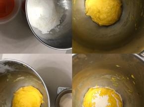 1 把二根胡萝卜洗净榨汁（取170 克）
2 把所有材料放入厨师机桶里除酵母外
3 揉成面团，放入冰箱冷冻15 分钟左右（这样可以降低揉面温度）
4 加入酵母，厨师机二档3 分钟后转4- 5 档，揉至扩展阶段，出厚一点的手套膜