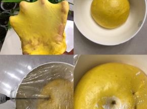 
上保鲜膜一发（温度在28.8 稍有点高，最好在28 以下）
6发酵二倍大，用手指沾面粉戳洞洞口不回缩不塌陷为好，不要看时间。