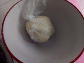 混合油酥，软化的猪油（像浓稠的糖浆状态，不能水的）搅拌一起混合均匀。就可以用装有油纸的袋子包起来静止30分钟 。