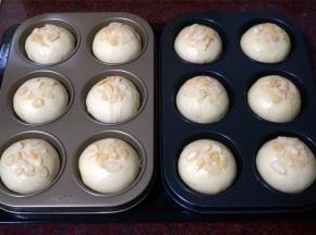 表面喷洒少许水，放入烤箱，启动发酵程序，发酵30-40分钟取出，表面刷上一层全蛋液，放上杏仁片。