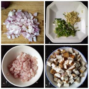 洋葱、葱姜、鲜肉、豆腐干切丁。