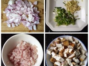 洋葱、葱姜、鲜肉、豆腐干切丁。
