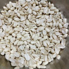 泡好的花生去皮，剥成两半