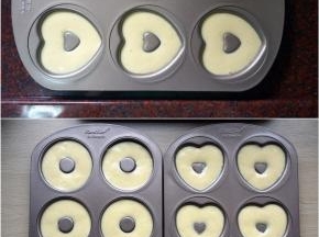 倒入面糊至八分满，中间尚能露出小圆心为标志。烤箱预热好后，放入中层，上下火170度烤18~20分钟。