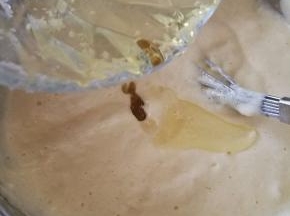 9.倒入玉米油，用硅胶刀快速轻柔的翻拌均匀
