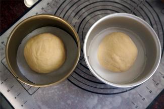 然后分成约300克一个的面团，揉圆，分别放入6寸的圆形蛋糕模具中，盖上保鲜膜，保鲜膜上刺几个小孔。