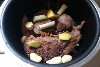 2.将肉块直接夹入电饭煲内胆中，将上述的调料同入锅中，调料这些可以调整，比如放几个砂仁、香叶、干红辣椒、香奈等，但也不要太多，多了全是中草药味，反而将牛肉本身的味道压住了；