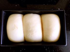 烤箱底部放碗热水，再把吐司盒用保鲜膜包裹好放在烤箱中进行二发至八分满，盖上吐司盒的盖子。