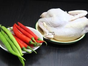 准备土鸡1只、红辣椒、青辣椒、生姜等食材；