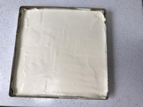 蛋糕面糊倒入烤盘中，震两下，去除气泡。烤盘垫油纸或者油布或者硅胶垫。