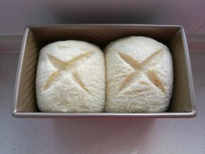 收口处朝下，放入土司盒中二次发酵，60分钟，九分满，放入烤箱，下层，180度30分钟，上色后盖锡纸，出炉后，连同模具在操作台上震两下，土司脱出放晾网上放凉