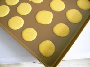 用不沾烤盘。吧蛋黄挤在烤盘上，会自然撒开成小饼状，不用刻意大小一致，不规则没问题