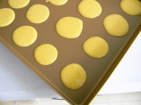 用不沾烤盘。吧蛋黄挤在烤盘上，会自然撒开成小饼状，不用刻意大小一致，不规则没问题