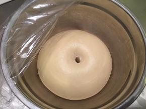 将面团整形成圆形，放入盆内，盖上湿布，室温发酵，手沾面粉插入面团，不塌陷不回缩即发酵好了