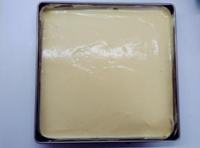 取出烤盘，将原色面糊倒入烤盘中，用刮刀稍微抹平，再震两下。