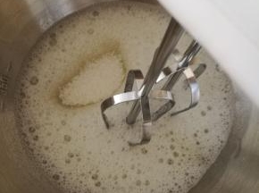 11.用电动打蛋器打发蛋白，白糖总共分三次加入，出现鱼眼泡时加入第一次的白糖，继续低速打发。