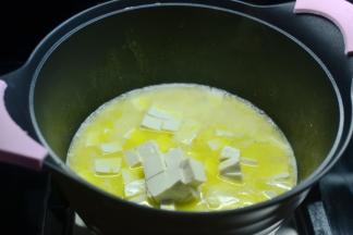 加入适量的水，放入切小块的嫩豆腐（嫩豆腐不好切，用小刀将豆腐放手掌上直接弄）