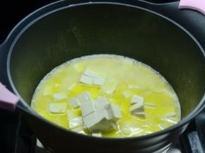 加入适量的水，放入切小块的嫩豆腐（嫩豆腐不好切，用小刀将豆腐放手掌上直接弄）
