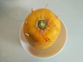 盖上切下来的顶部，用牙签固定，放到冰箱冷藏室，没用完的奶液也一起冰起来，用碗装的会比较快凝固，木瓜就需要多两三个小时了