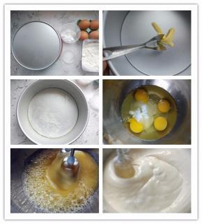 蛋糕胚做法步骤：
1. 准备好食材和学厨八寸阳极蛋糕模
2. 预热烤箱，上下火170度，10分钟，同时用黄油刀切少许黄油，放入模具中
3. 用毛刷均匀刷满模具内部，可在洒少许低粉，抖掉多余的部分
4. 四个常温全蛋加入糖和盐。如果鸡蛋是冷藏的，最好提前取出室温放置，或者将打蛋盆坐在40度温水的水盆中
5. 用电动打蛋器打发全蛋
6. 直到打发后颜色变浅，体积变为原来的三倍