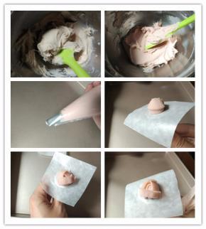 抹面及裱花部分过程：
   1. 将蛋糕胚晾凉，横向切两片或三片，备用
2. 将白豆沙逐次加少许水，调成裱花的粘稠度
3. 将豆沙分成几份，其中一份加少许粉色食用色素，拌匀。其他两份分别加入粉紫色和绿色
4. 装入剪口裱花袋中。因为我只做一种花型，所以没用到转换器，直接104嘴就可以了
5. 用一点豆沙将裱花纸粘在裱花钉上，在中间挤出底座
6. 旋转着裱出第一层，三瓣，包住花心