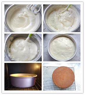 7. 到滴落的蛋液不会很快消失的程度
8. 筛入低筋粉
9. 翻拌到无干粉状态
10. 倒入涂油洒粉的模具中，尽量抹平表面
11. 入预热好的烤箱中层，上下火170度，烤35分钟左右。烘烤时间和温度要根据模具大小和烤箱实际炉温酌情增减
12. 烤好后，脱模即可