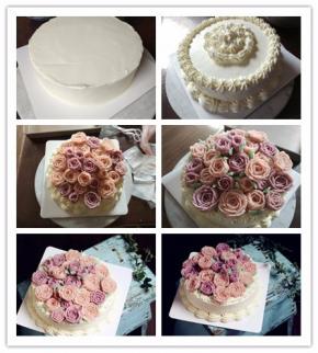 14. 盖上另一层蛋糕片，用奶油将顶部和周围抹平（也可以用豆沙抹面，因为这个蛋糕是给朋友做的，她就要奶油的，所以。。）
15. 将底边和边缘稍微装饰一下。中心稍垫高一点。用豆沙的话支撑力更好，豆沙不够了就用的淡奶油，起个粘合作用吧
16. 将花朵用裱花剪移到蛋糕上，摆好
17. 在空隙挤出叶子即可
18. 完成后密封冷藏即可