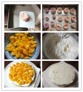 7. 再第二层，五瓣
8. 依次裱好数层花瓣
9. 放入托盘中，入冰箱冷冻备用
10. 黄桃罐头沥净水分，切小块
11. 淡奶油加细砂糖打发到裱花状态
12. 先在一层蛋糕片上抹少许奶油，撒上黄桃块
13. 再涂适量奶油，抹平