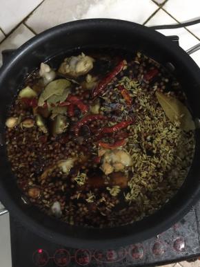 卤料中所有食材以及鸡腿一同放入锅中，放入适量的水！（水不要放的太多，完全淹没住鸡腿即可！）


