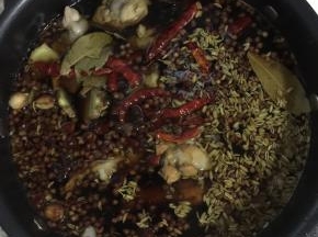 卤料中所有食材以及鸡腿一同放入锅中，放入适量的水！（水不要放的太多，完全淹没住鸡腿即可！）

