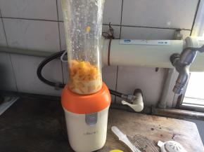 现在来做慕斯液，将芒果切成颗粒状，放入榨汁机，倒入50克纯牛奶，10克白砂糖，榨成泥