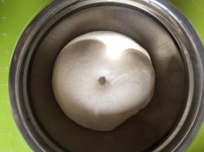 发酵1小时后，面团胀大为原来的2-2.5倍即可，用手指沾一点面粉，戳一下，不会回缩说明发酵好了