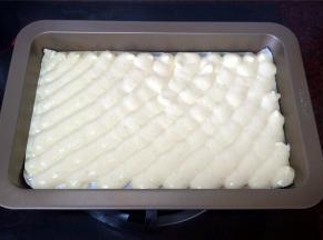 这次使用的模具长宽为10寸*7寸。模具底部铺放一张吸油纸，然后一条一条挤出斜斜的蛋糕糊，挤好后无需震荡。