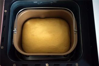 将面团揉圆，放入面包机内，选择酸奶发酵程序，发酵至面团两三倍大，约1.5小时。