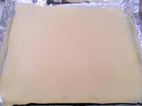 烤盘铺油纸，我用的30L烤箱自带的烤盘，将打发好的蛋黄糊倒在模具内，用刮棒刮平正