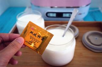 每个玻璃器皿装入500毫升纯牛奶，并加入0.5克酸奶菌粉（半包），拌均匀。