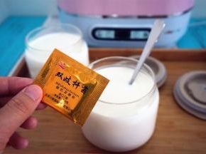 每个玻璃器皿装入500毫升纯牛奶，并加入0.5克酸奶菌粉（半包），拌均匀。