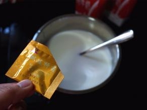 用沸水对容器消毒后，倒入纯牛奶，然后加入1包双枝杆菌，拌均匀。