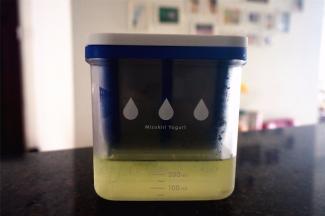 经过24个小时过滤，酸奶中的乳清被滤出，剩下脱乳清酸奶。