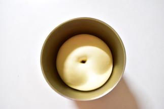 放入盆中，盖上保鲜膜，进行基础发酵
面团发酵至原来2-2.5倍，用手指蘸面粉插入面团内，孔洞不会缩完成发酵