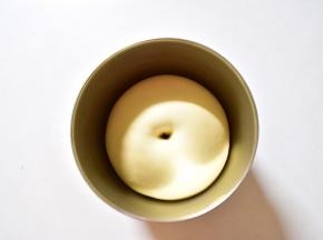 放入盆中，盖上保鲜膜，进行基础发酵
面团发酵至原来2-2.5倍，用手指蘸面粉插入面团内，孔洞不会缩完成发酵